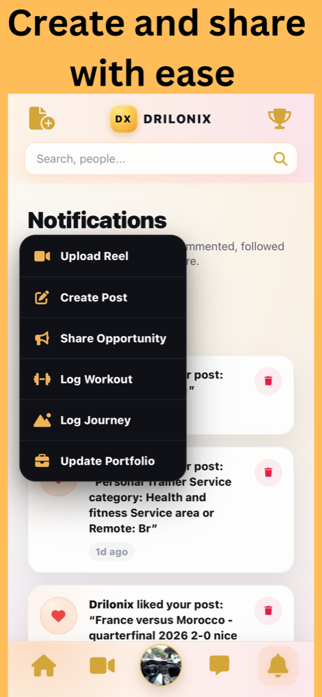 Create posts, reels, opportunities, workouts, journeys, and portfolio updates